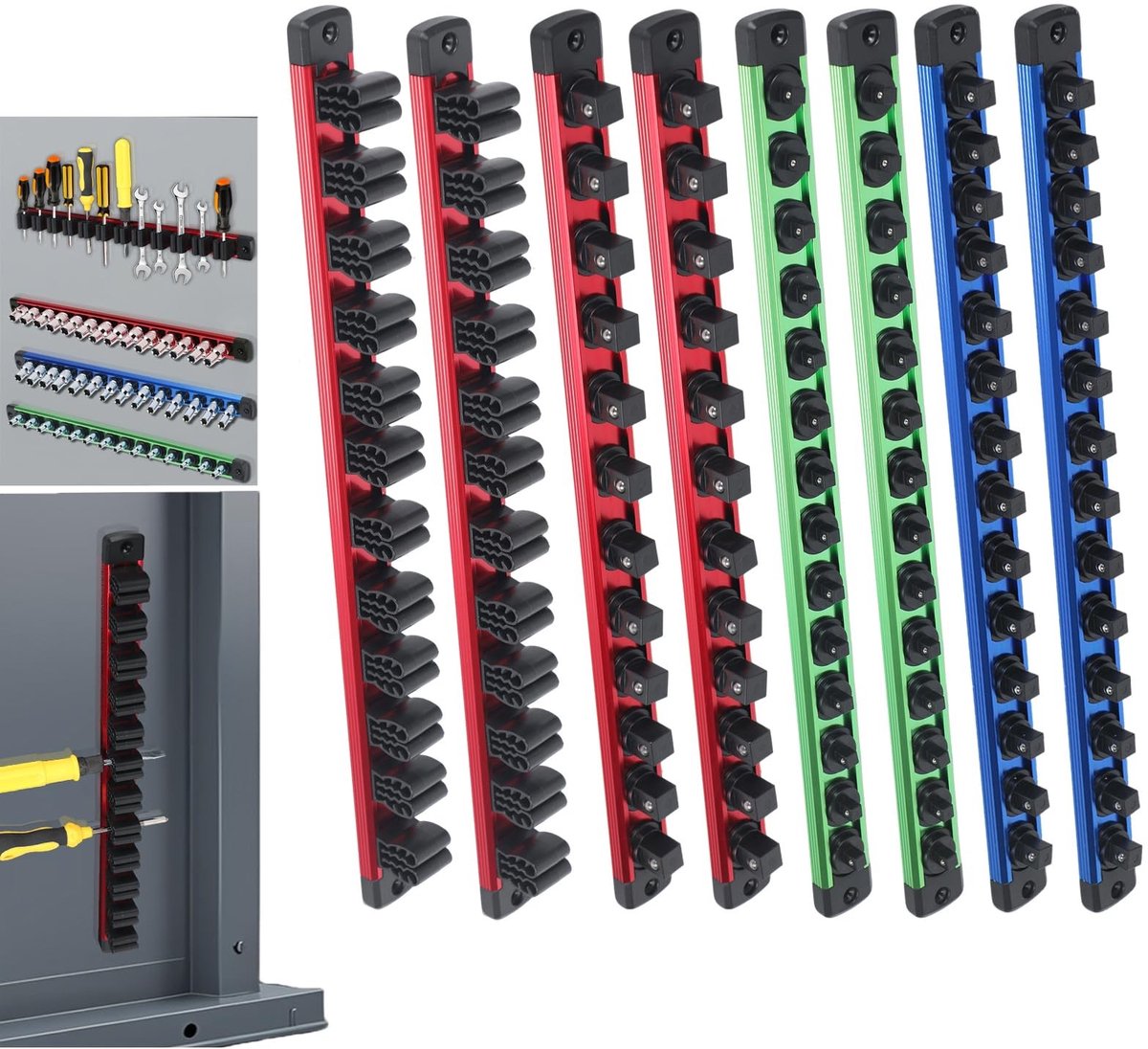 Omgoods - Magnetische dopsleutelhouder met 8 stuks voor een georganiseerde werkplaats