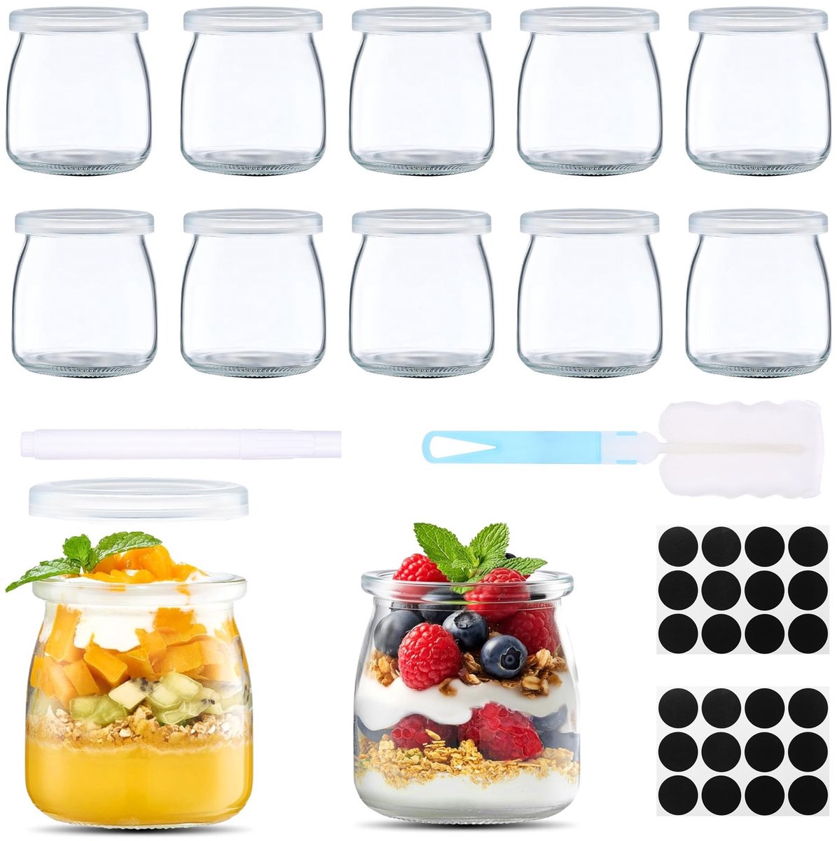 Omgoods- Yoghurtbekers 200 ml - Herbruikbaar - Glazen Pot - Transparant - Luchtdicht - Multifunctioneel - Opbergpot
