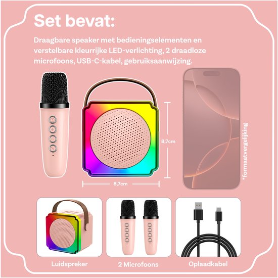 Karaoke Set voor Kinderen met Bluetooth Speaker van MMOBIEL – Met 2 Draadloze Microfoons, LED-verlichting, Geluidseffecten – Feest, Cadeau voor Meisje, Jongen, Kinderen 3+ jaar – Roze — afbeelding 5