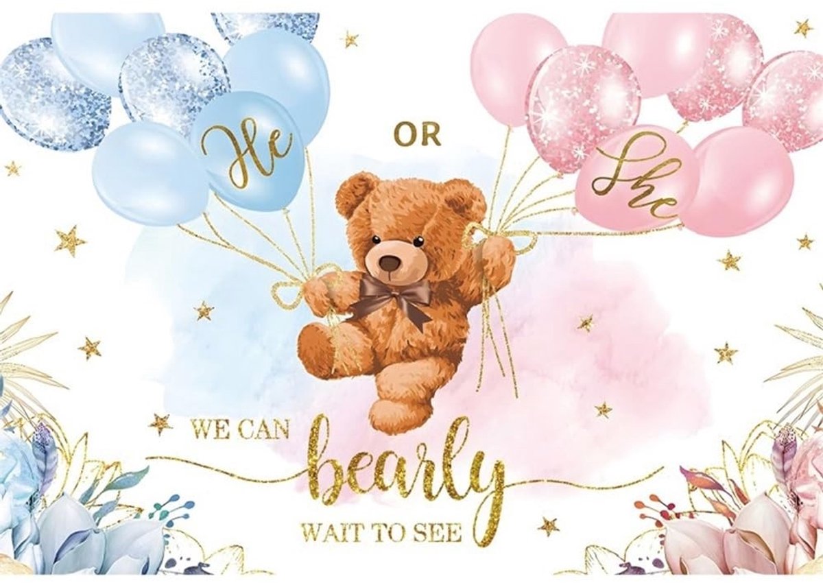 Omgoods - Gender Reveal Fotobehang met Boho Beer en Ballonnen