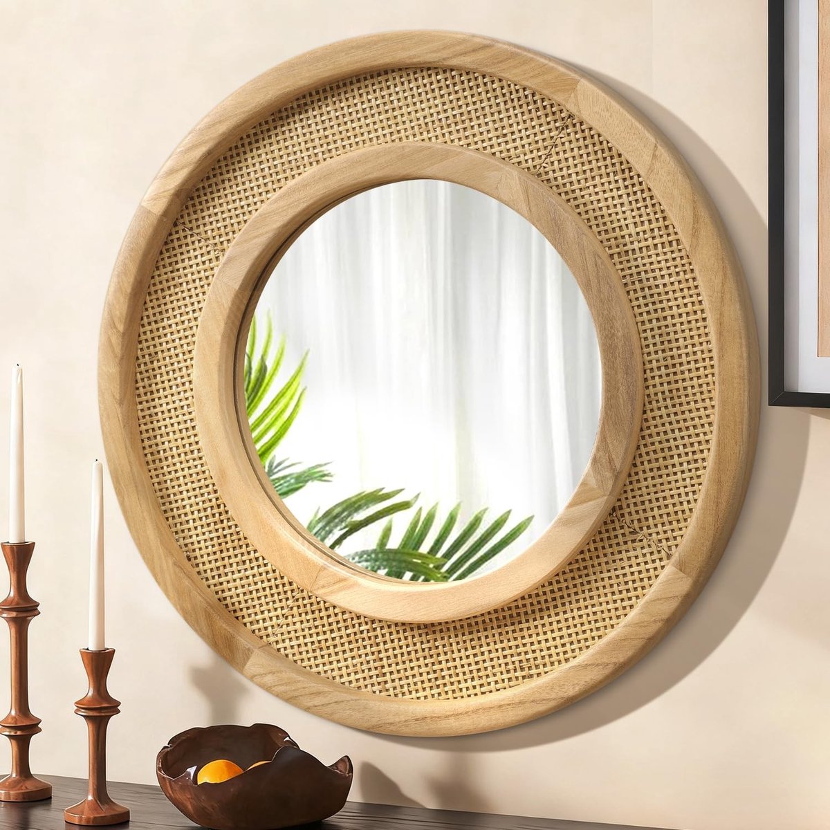 Omgoods - Ronde Houten Wandspiegel 40 cm met Rattan Frame