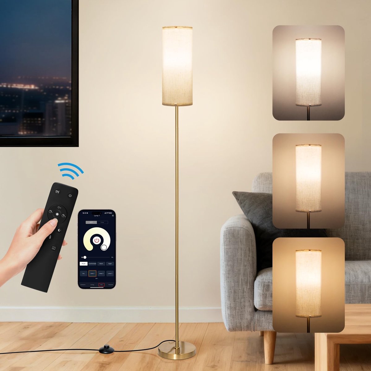 Omgoods - Moderne Vloerlamp met Effen Zwarte Stang en Beige Linnen Lampenkap