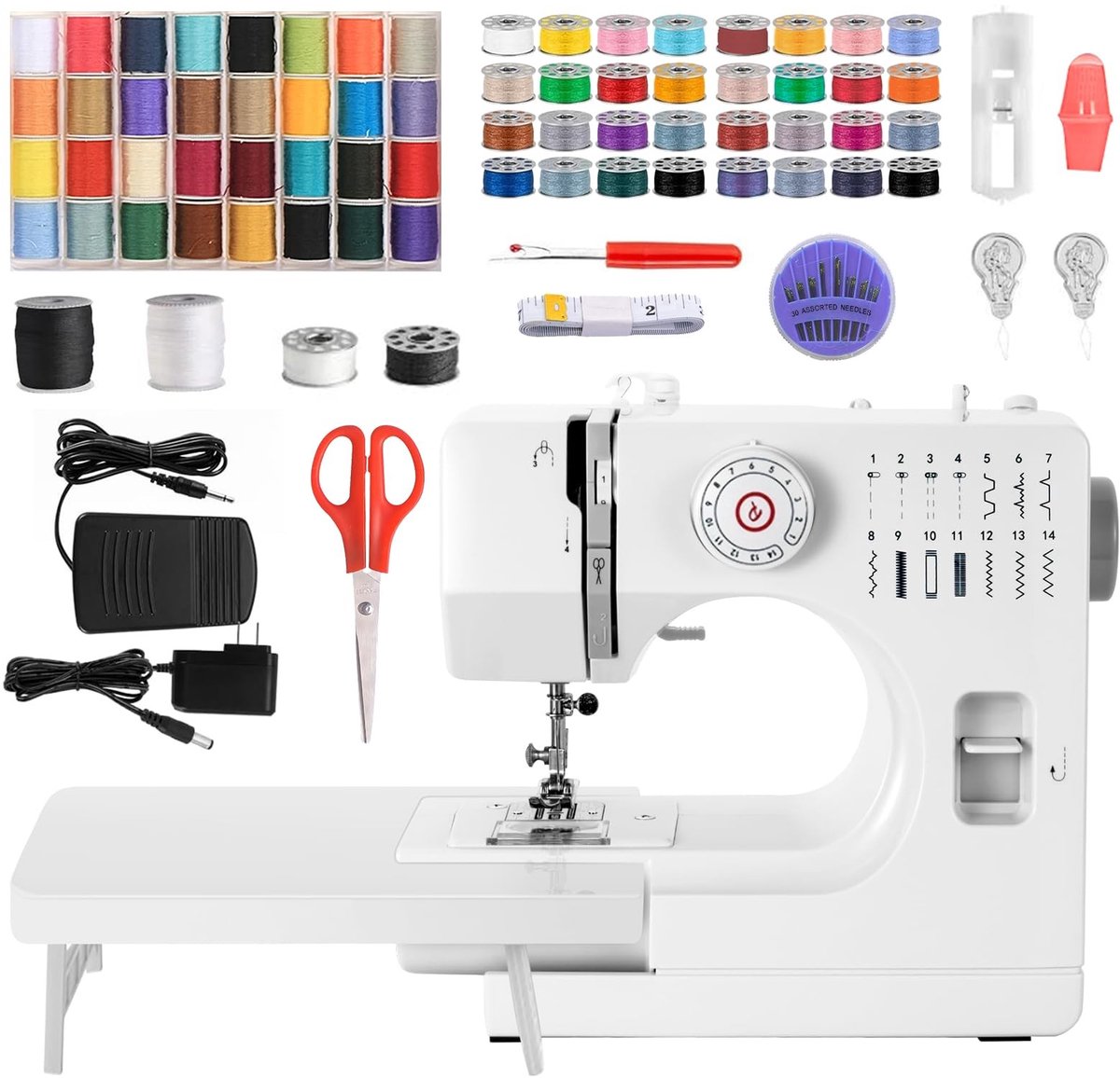 Omgoods- Naaimachine voor Beginners - 14 Steekprogramma's - Verlengtafel - Naaiset - Voetpedaal - 64 Kleurige Garenrollen - Hoogwaardige Naalden