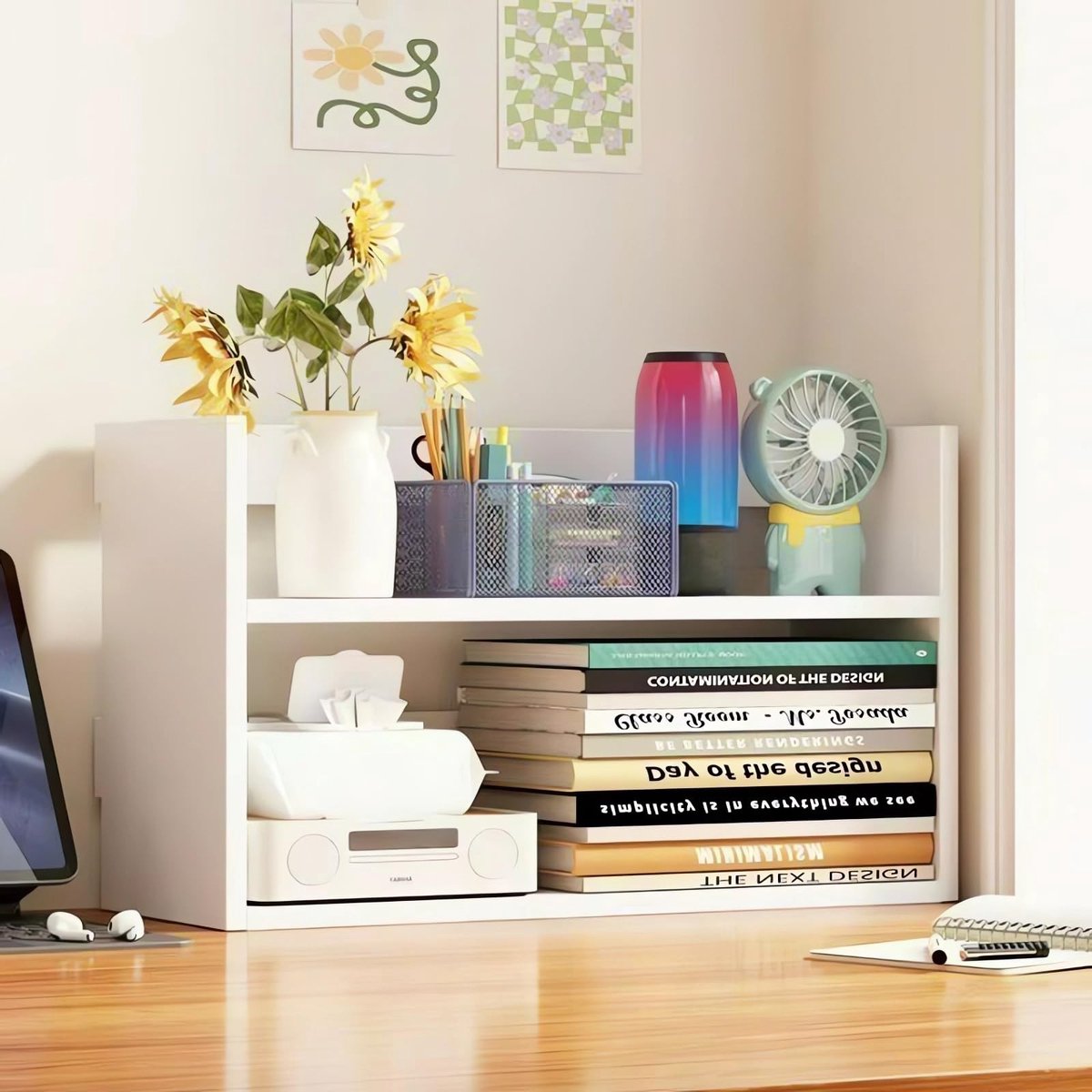Omgoods - Desk Organiser Rack - Houten Boekenkast met 2 Planken (Wit, 42 x 17 x 25 cm)