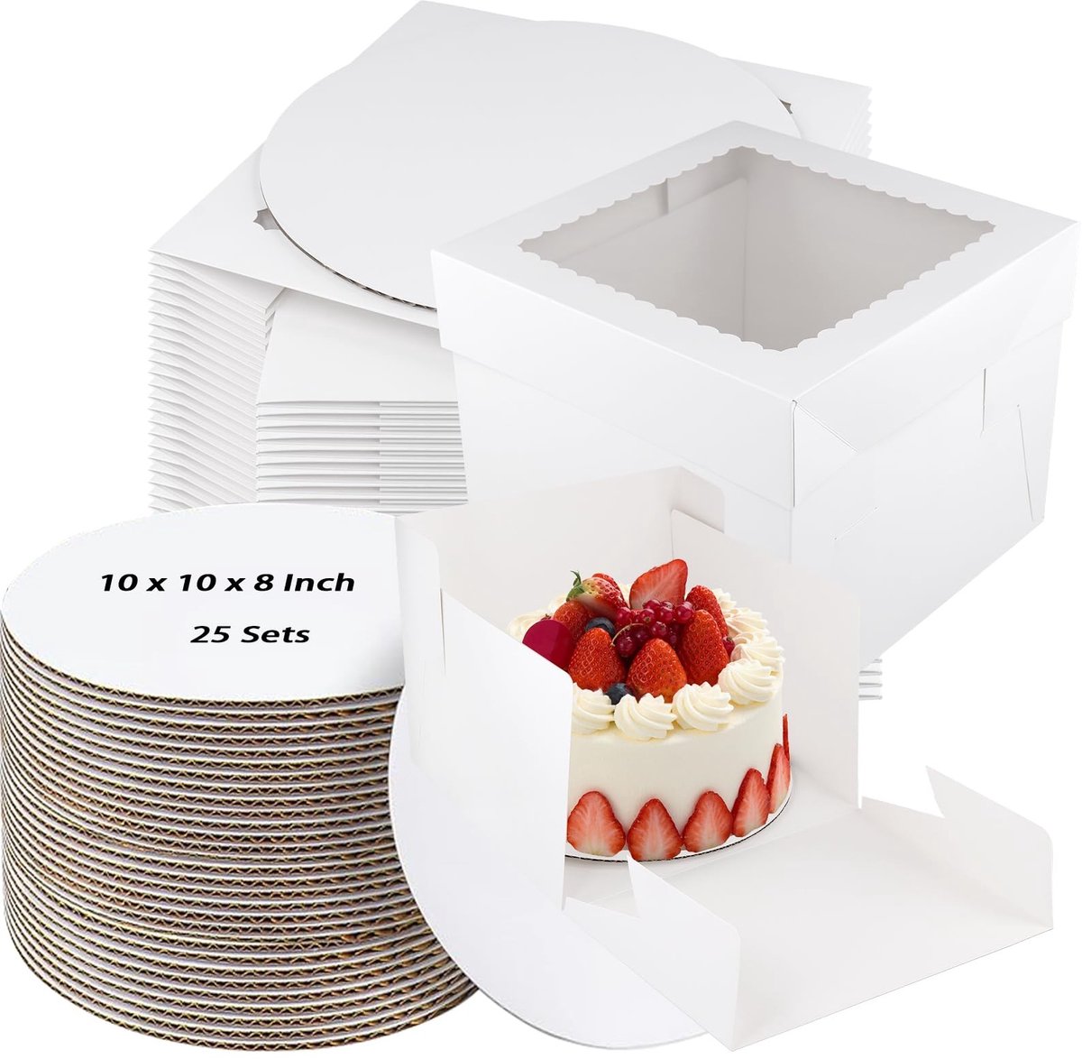Omgoods - Set van 25 Vierkante Cakeboxen met Venster 10 x 10 x 8 Inches