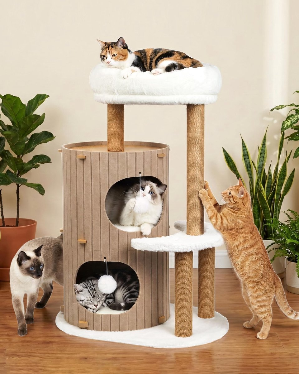 Omgoods- Krabpaal Luxe - Krabton met 2 verdiepingen - Kattenboom met slaaphuis - Stabiel kattenmeubel voor meerdere katten - Sisalplank - Afneembaar bed & speelbal