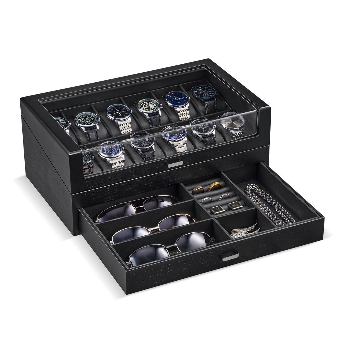 Omgoods - Houten Horlogebox met 12 Slots en Lades voor Organisatie