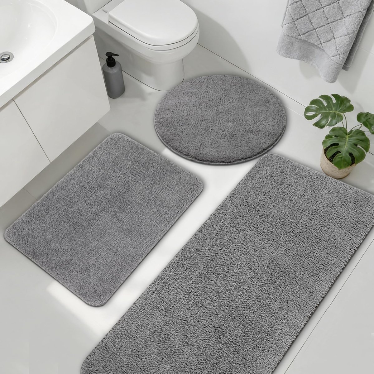 Omgoods - Set van 3 Grijze Badmatten, Antislip en Absorberend