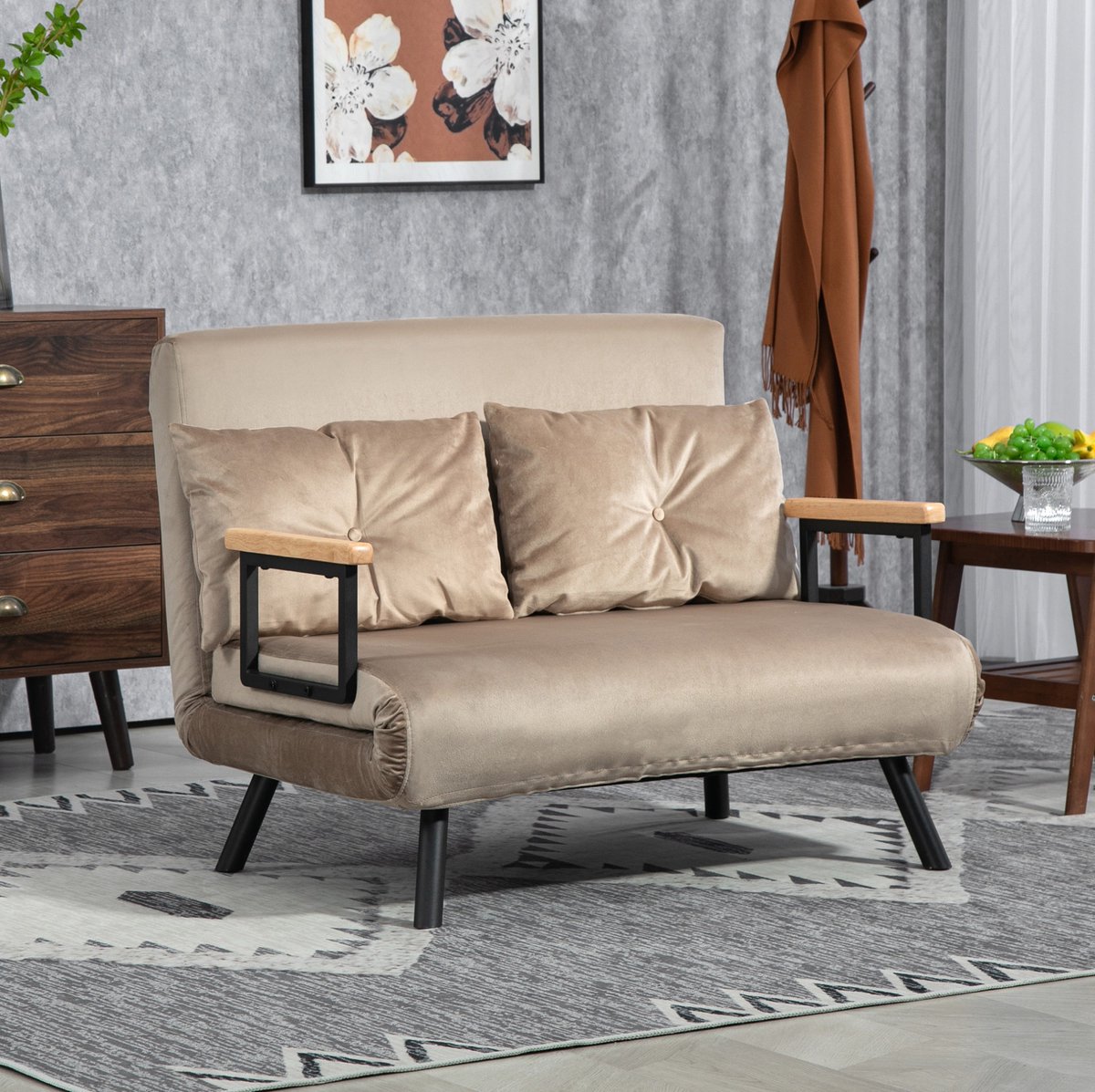 OKWISH Slaapbank 2-Zits 102x73x81 cm - Verstelbare Rugleuning Tot 180 Graden - Met Kussens En Antislip Poten - Voor Woonkamer - Stof - Lichtbruin
