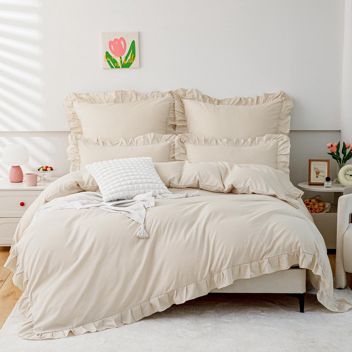 Omgoods- Beddengoed 135 x 200 cm - Beige Dekbedovertrek - Kussenslopen 80 x 80 cm - Microvezel - Öko-Tex Gecertificeerd - Zacht/Ruche-Design