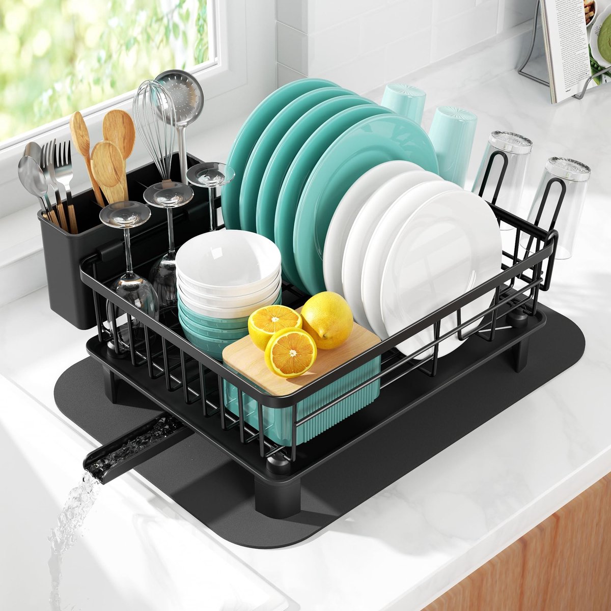 Omgoods - Afvoerrek met Druppelbak - Keuken Afdruiprek, Zwart, 37,5 x 28 x 14,5 cm