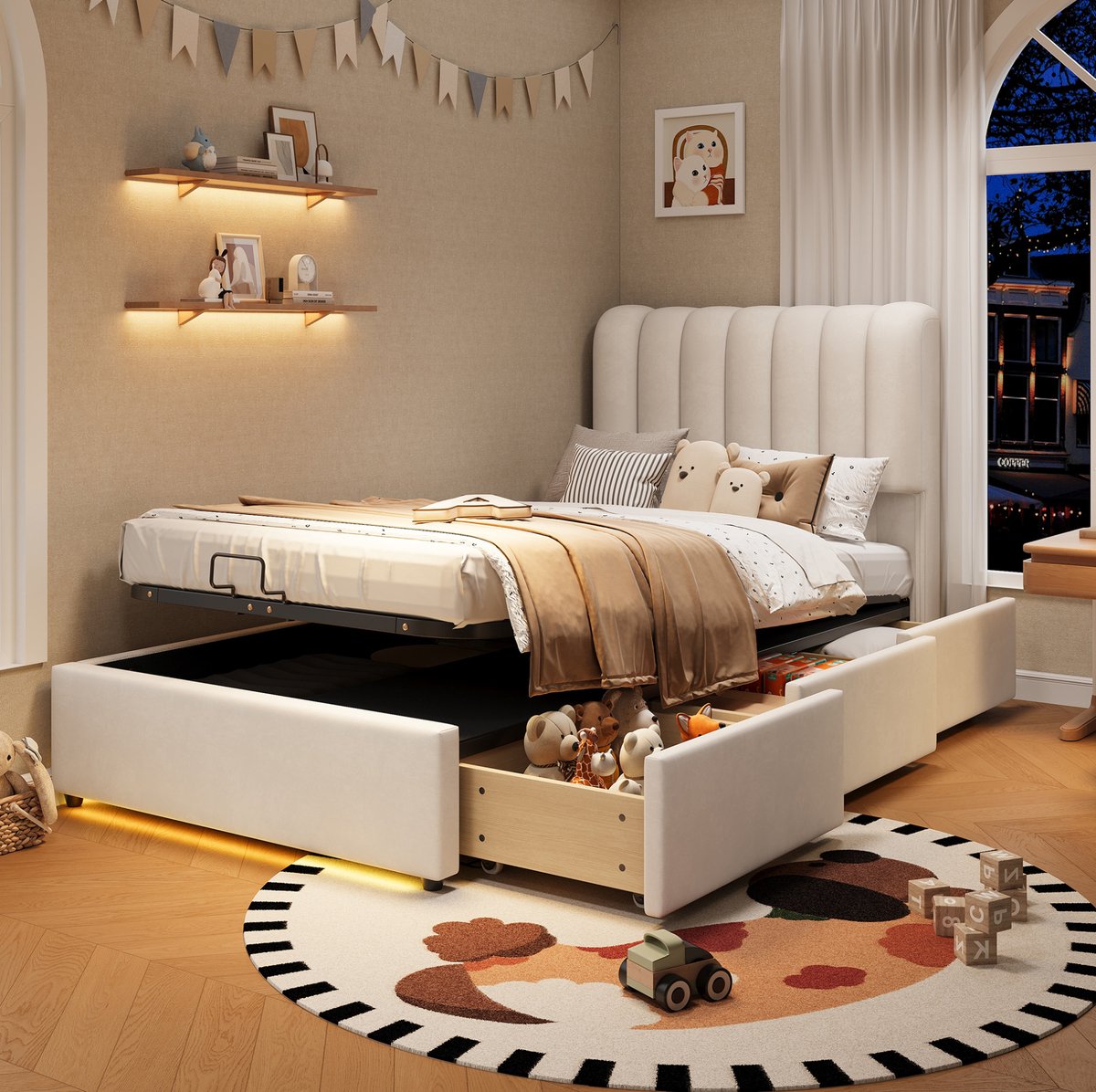 COVREO Bed 90x200 cm beige, stof met opbergruimte en 3 lades