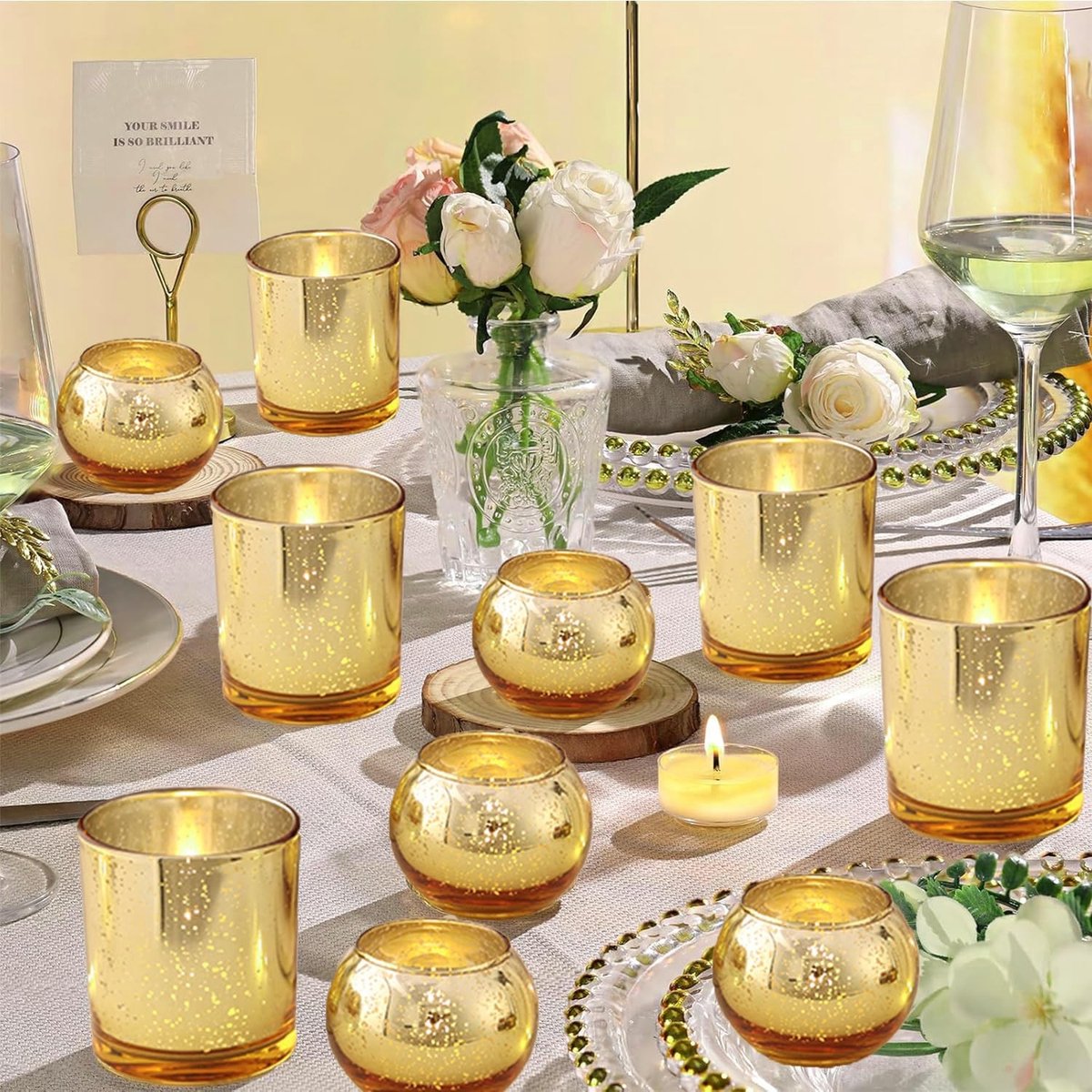 Omgoods - Set van 12 Gouden Theelichthouders van Glas