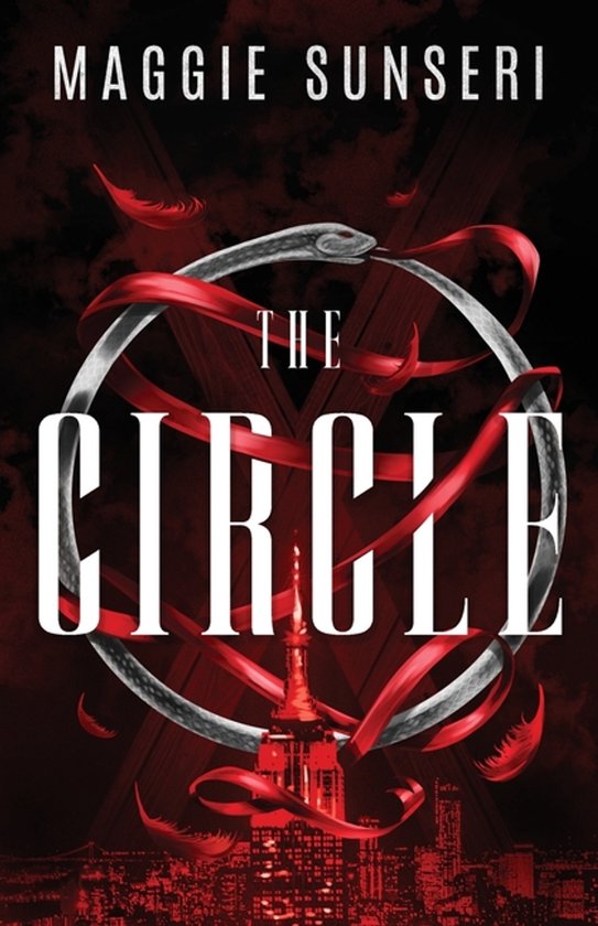 Boek "The Circle" van Maggie Sunseri met een cirkelvormig ontwerp, rode linten, een slang en de skyline van New York.