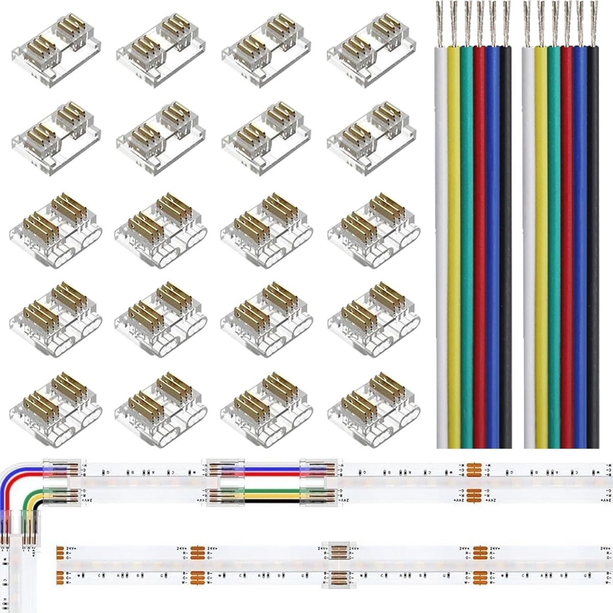 Set van 12 Transparante 6PIN LED Strip Connectoren met 8 Board to Board Connectoren en 1m 24AWG Verlengd Draad voor Naadloze Verbindingen