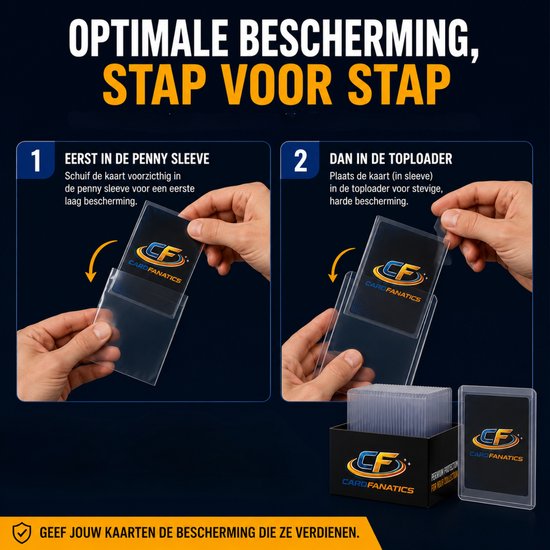 Stapsgewijze uitleg: 1. Kaart in penny sleeve schuiven. 2. Kaart (in sleeve) in toploader schuiven. Bescherming van kaarten.