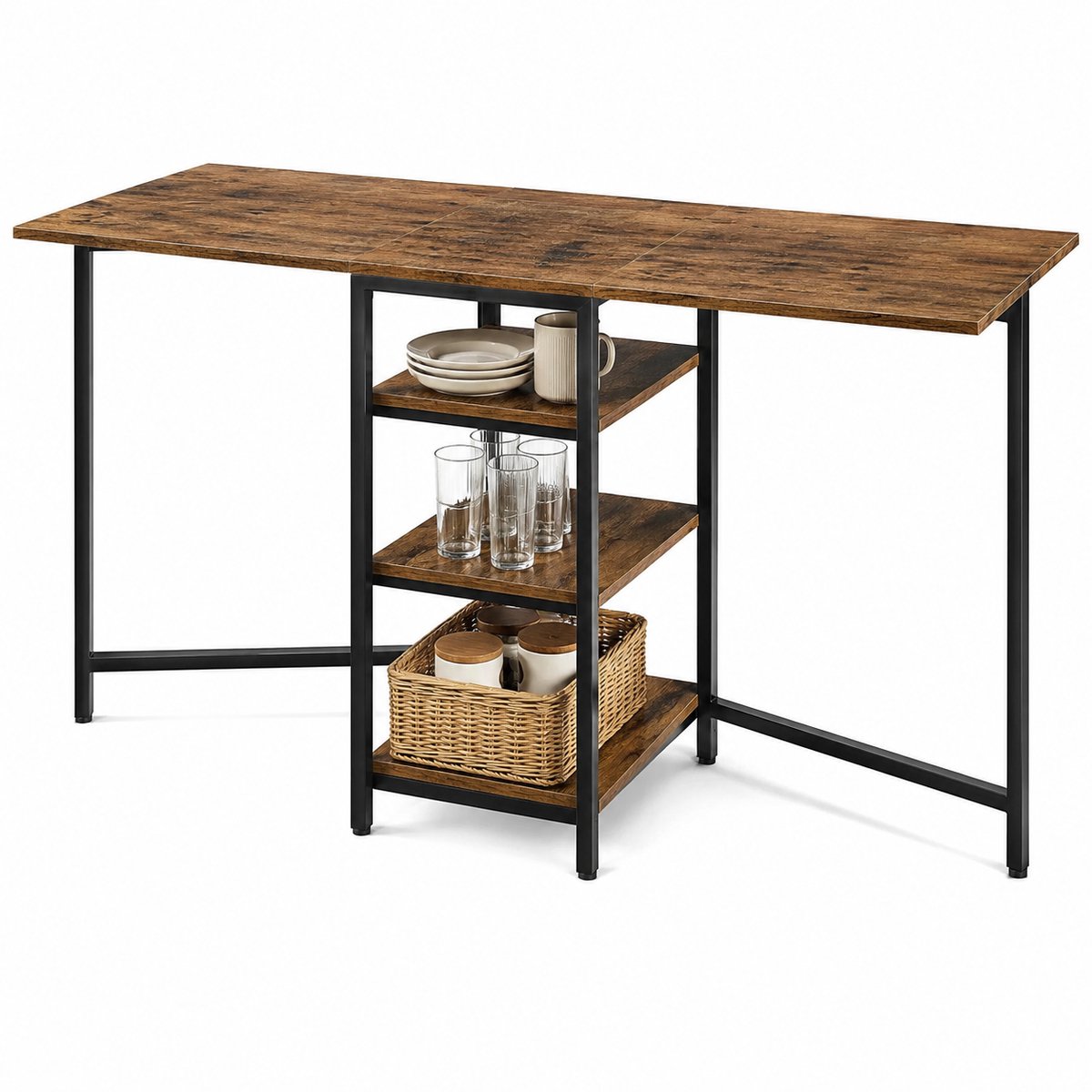 ITRONIQ Uitklapbare Eettafel Met Opbergrek - Inklapbare Klaptafel 180x60 CM - Multifunctioneel Bureau - Ruimtebesparend - Bruin