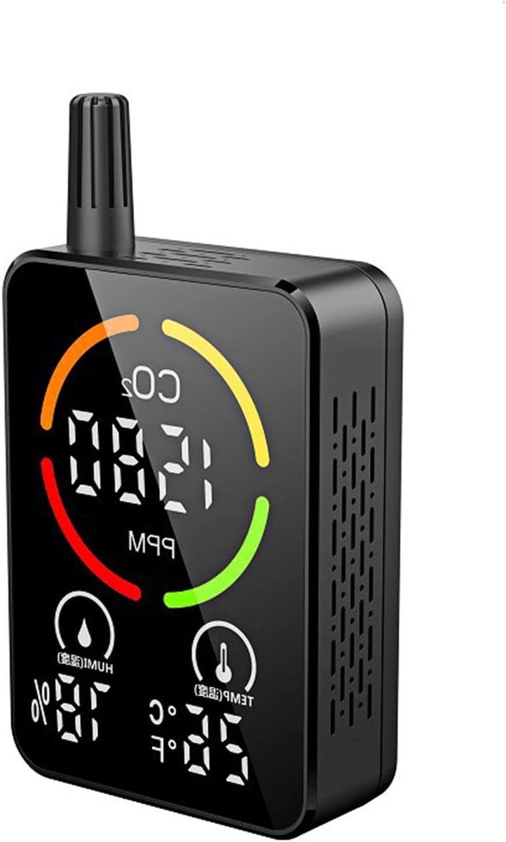 Luchtkwaliteit Monitor - CO2 Meter - Comfortabel Werken - NDIR Sensor - 137 x 80 x 35 mm - Zwart