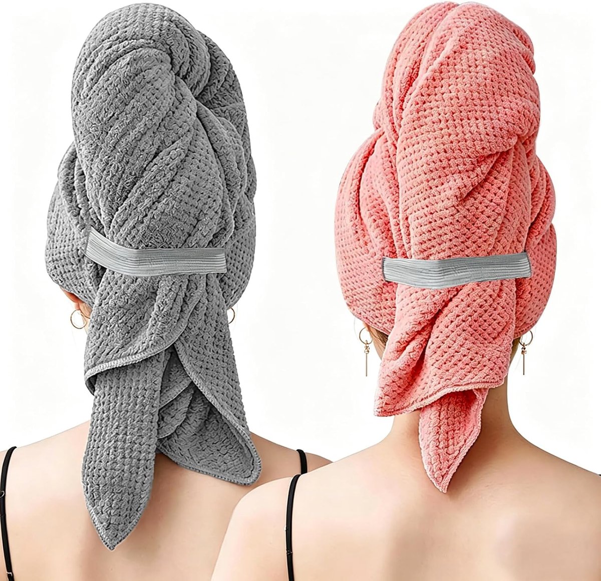 SnelShoppen - Microfibre Haar Handdoek Set van 2, Zacht en Absorberend Turban Towel met Elastische Straps, Sneldrogend voor Lang en Dik Haar