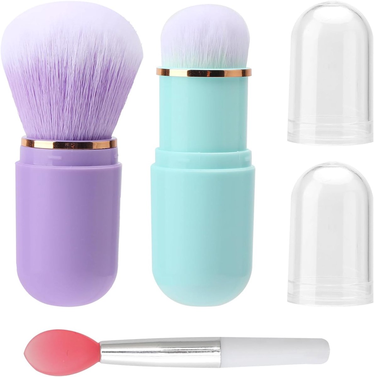 SnelShoppen - Blush Kwasten Set van 2 met 1 Siliconen Lippenkwast - Inklapbare Poederkwast Mini Reismakeupkwast Foundation Poeder Groen Paars
