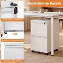 Details van de witte metalen archiefkast: slot met 2 sleutels, ladegeleiders, metalen handvatten. Text in beeld: 'Durchdachte Details', 'Schloss mit 2 Schlüsseln', 'Voll-auszug-Schubladenführungen', 'Praktische Metallgriffe'.
