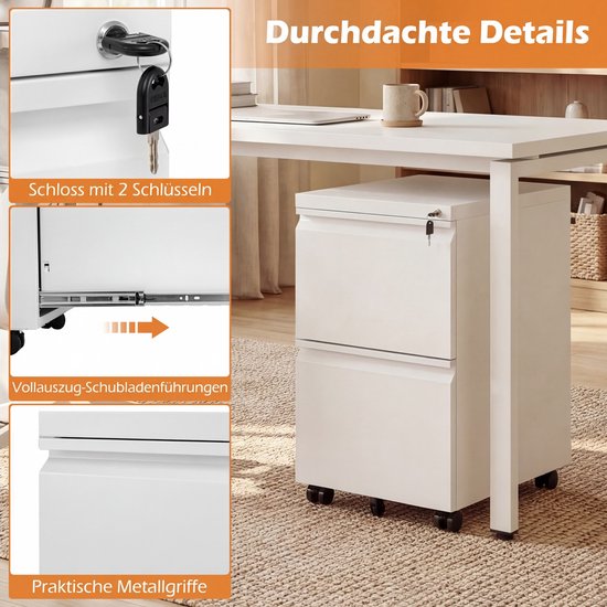 Details van de witte metalen archiefkast: slot met 2 sleutels, ladegeleiders, metalen handvatten. Text in beeld: 'Durchdachte Details', 'Schloss mit 2 Schlüsseln', 'Voll-auszug-Schubladenführungen', 'Praktische Metallgriffe'.