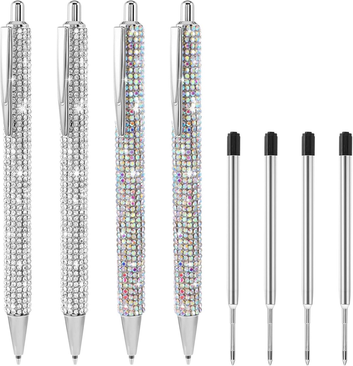 SnelShoppen - 4-delige Glitterpen Set - Zwarte Inkt - Schattige Parel Pennen - Metalen Balpen - Sprankelende Kristal Pennen - Fancy Pennen voor Vrouwe