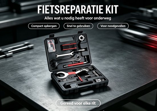 Een open zwarte gereedschapskist gevuld met fietsreparatietools, inclusief sleutels en een kettingpons, op een metalen tafel. Tekst: FIETSREPARATIE KIT.