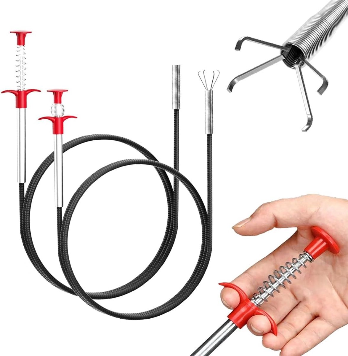 SnelShoppen - Claw Gripper Tube Reinigingsspiralen Set - 2 Stuks Afvoer Ontstopper Spiralen, Flexibele Klem Grijper, RVS en PP, Voor Snel en Veilig On