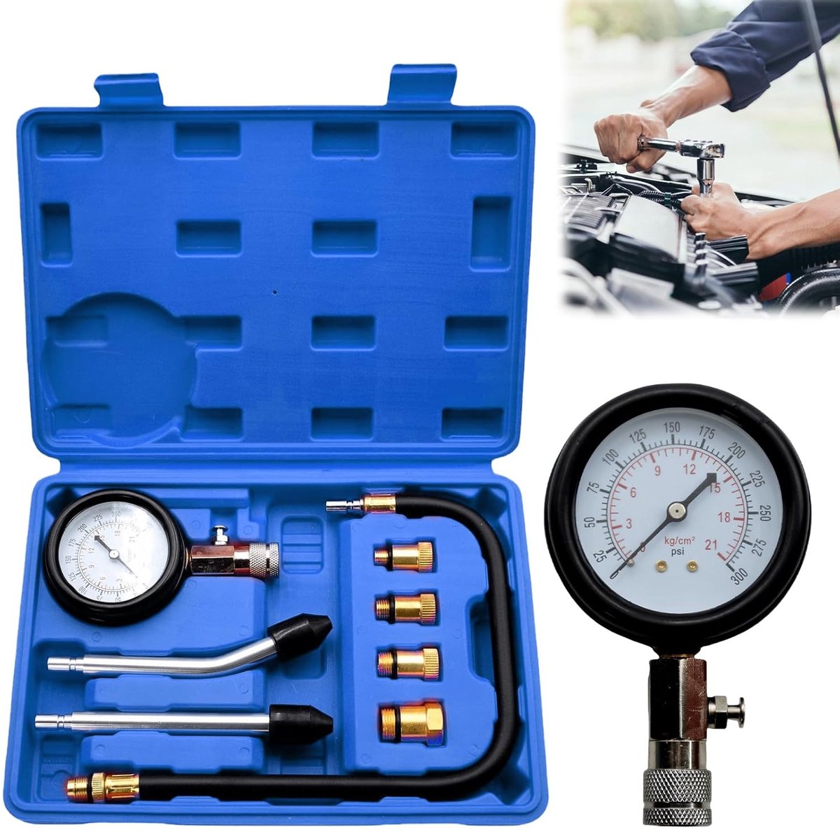 SnelShoppen - Professionele Compressietester Set met Manometer, Slang en Adapters voor M10, M12, M14, M18, Drukmeter, Blauw - Ideaal voor Motorvoertui