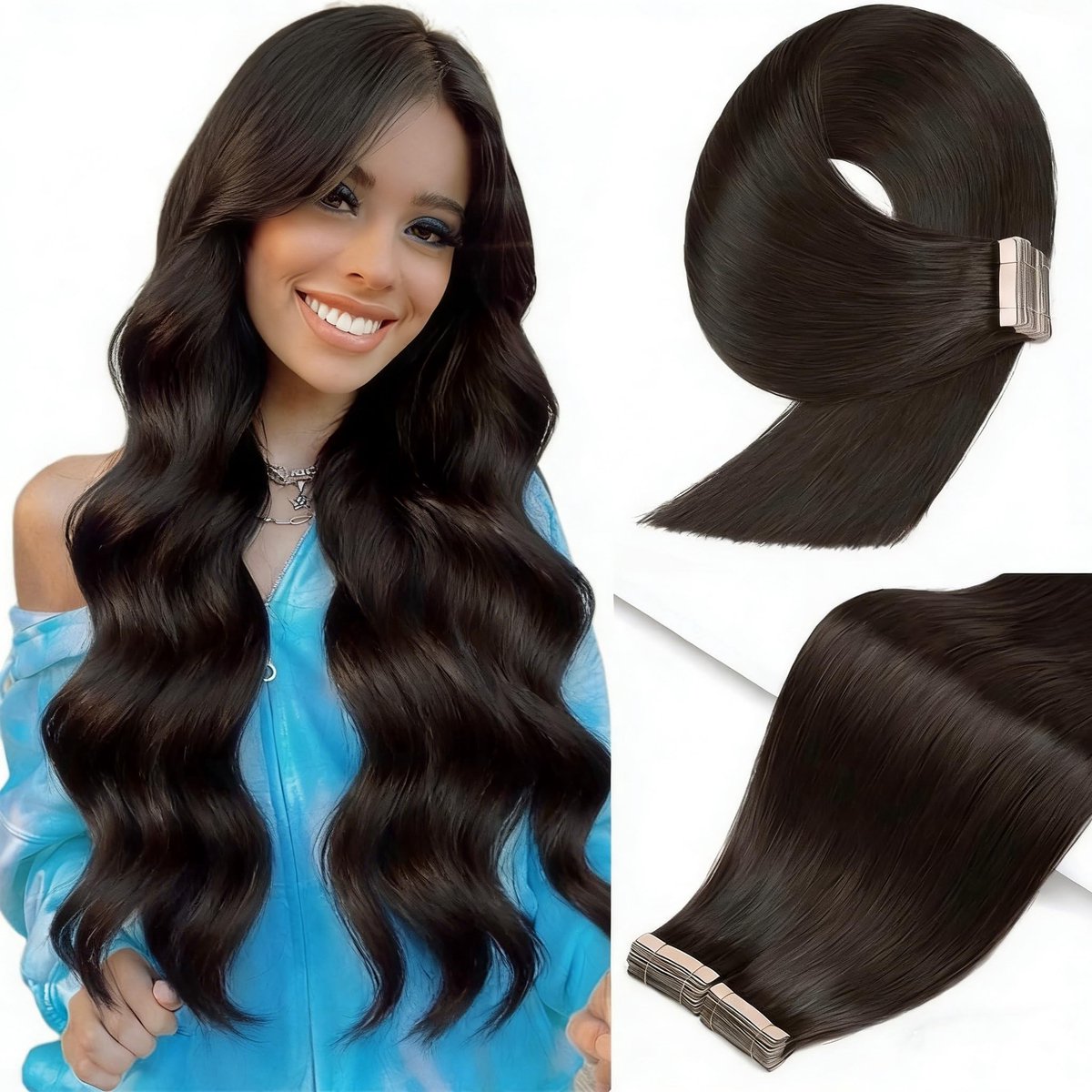 Omgoods - Tape Hair Extensions - 20 Stuks, Natuurlijke Zwart, 35 cm