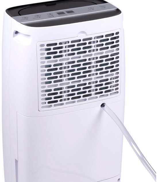 Achterkant van een witte Alpina luchtontvochtiger met ventilatierooster en slang.
