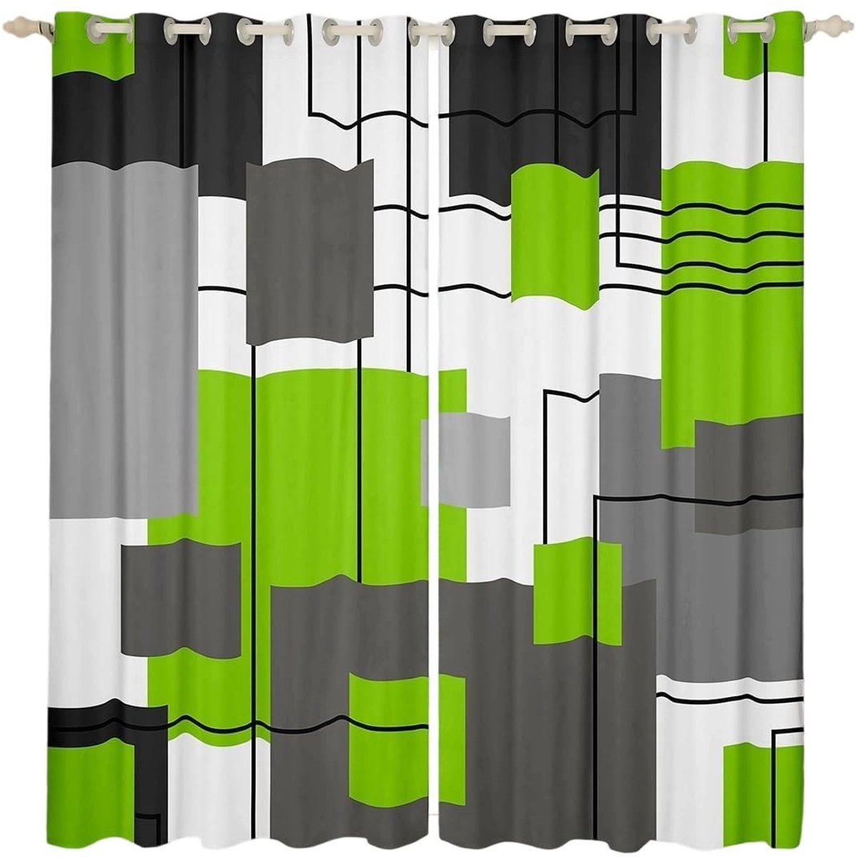 Lime Groene en Grijze Geometrische Blackout Gordijnen - 66x90 Inch