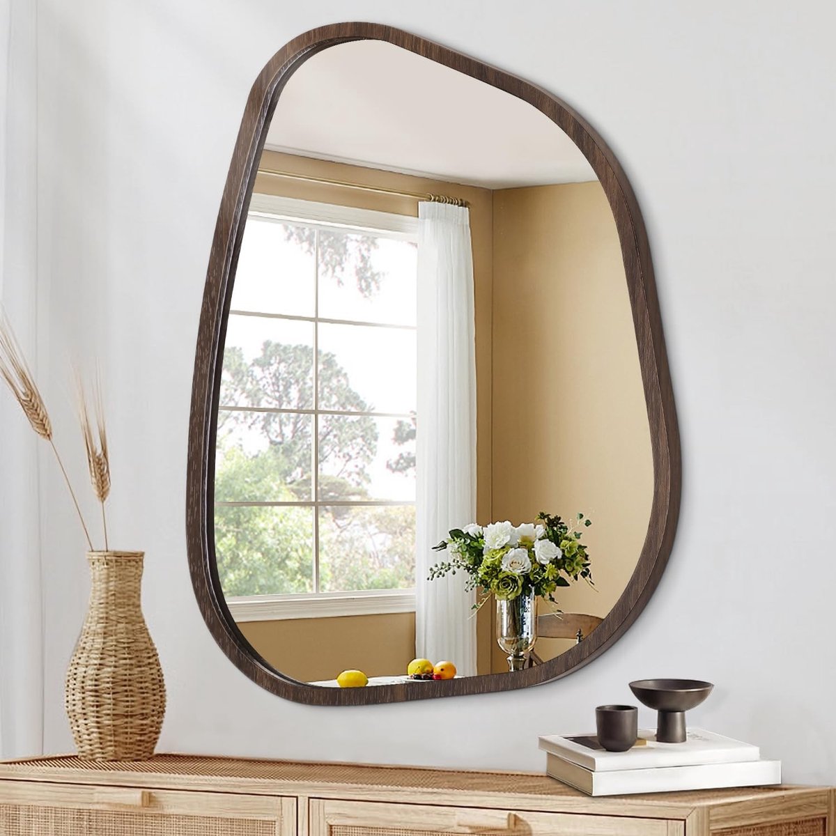 Omgoods - Irreguliere Wandspiegel met Houten Frame voor Moderne Decoratie