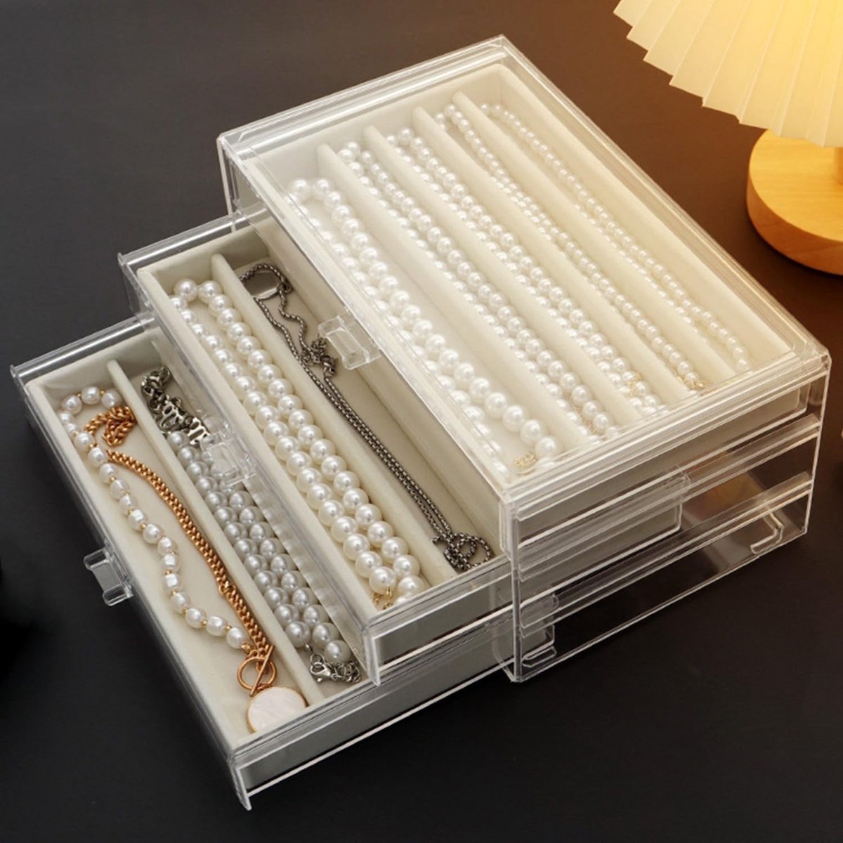 Omgoods - Acryl Necklace Organizer met Velours Lade voor Dames en Meisjes (Beige)