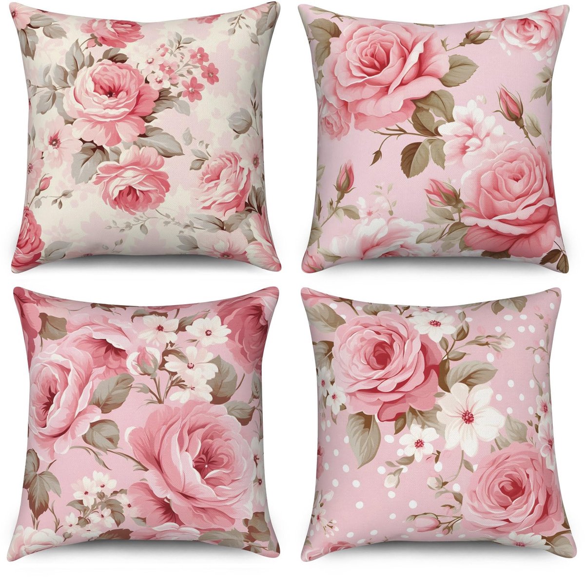 Omgoods - Set van 4 Vintage Kussenhoezen 45 x 45 cm met Rozen