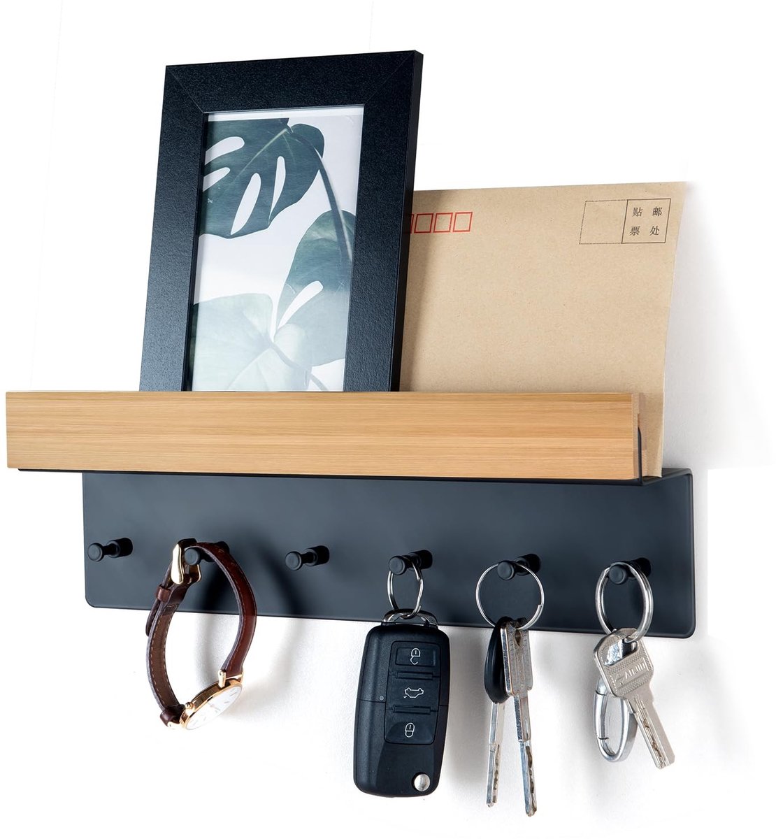 Omgoods - Houten Sleutelhanger met Plank en 6 Haakjes