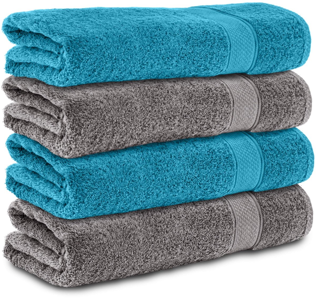 Omgoods - Badhanddoeken 70x140cm - Set van 4 - 100% Katoen - Antraciet/Turquoise