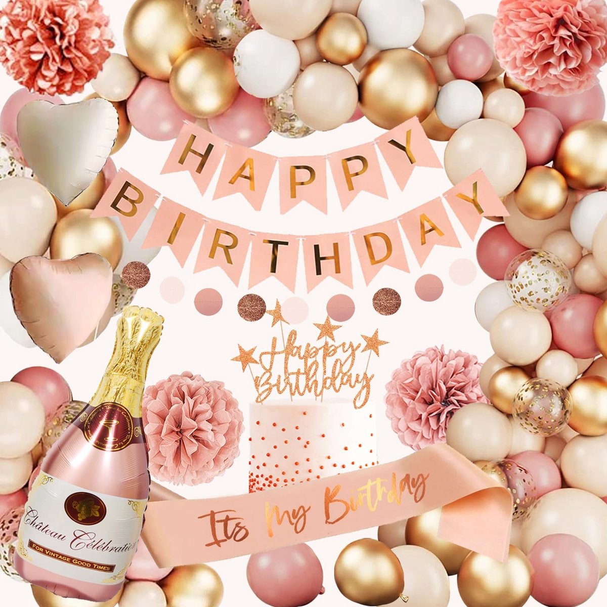 Omgoods- Verjaardagsdecoraties Roze Retro-Stijl - Happy Birthday Slinger - Papieren Pompons - Hartvormige Ballonnen - Taartdecoratie - 51 Ballonnen - Feestdecoraties