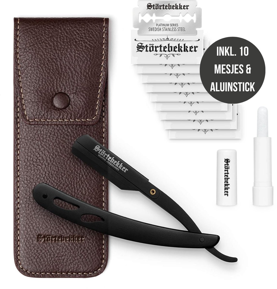 Störtebekker® Premium Scheermes 'Blackbeard' - in een handgemaakt leren etui - incl. aluinstaafje & 10 mesjes - Scheermessenset - Scheerset / Barbiersmes - Shavette / Straight Razor