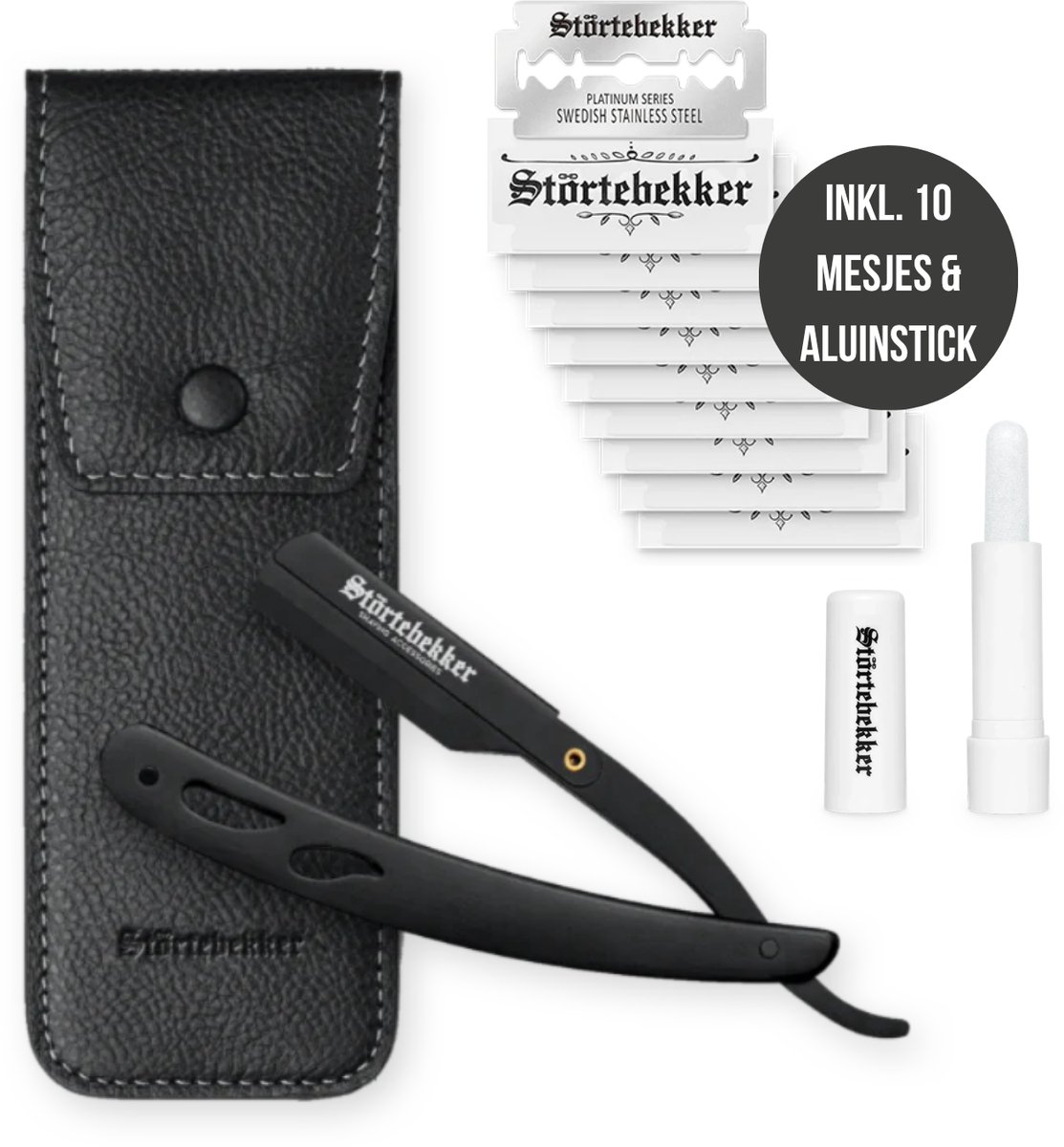 Störtebekker® Premium Scheermes 'Blackbeard' - in een handgemaakt leren etui - incl. aluinstaafje & 10 mesjes - Scheermessenset - Scheerset / Barbiersmes - Shavette / Straight Razor