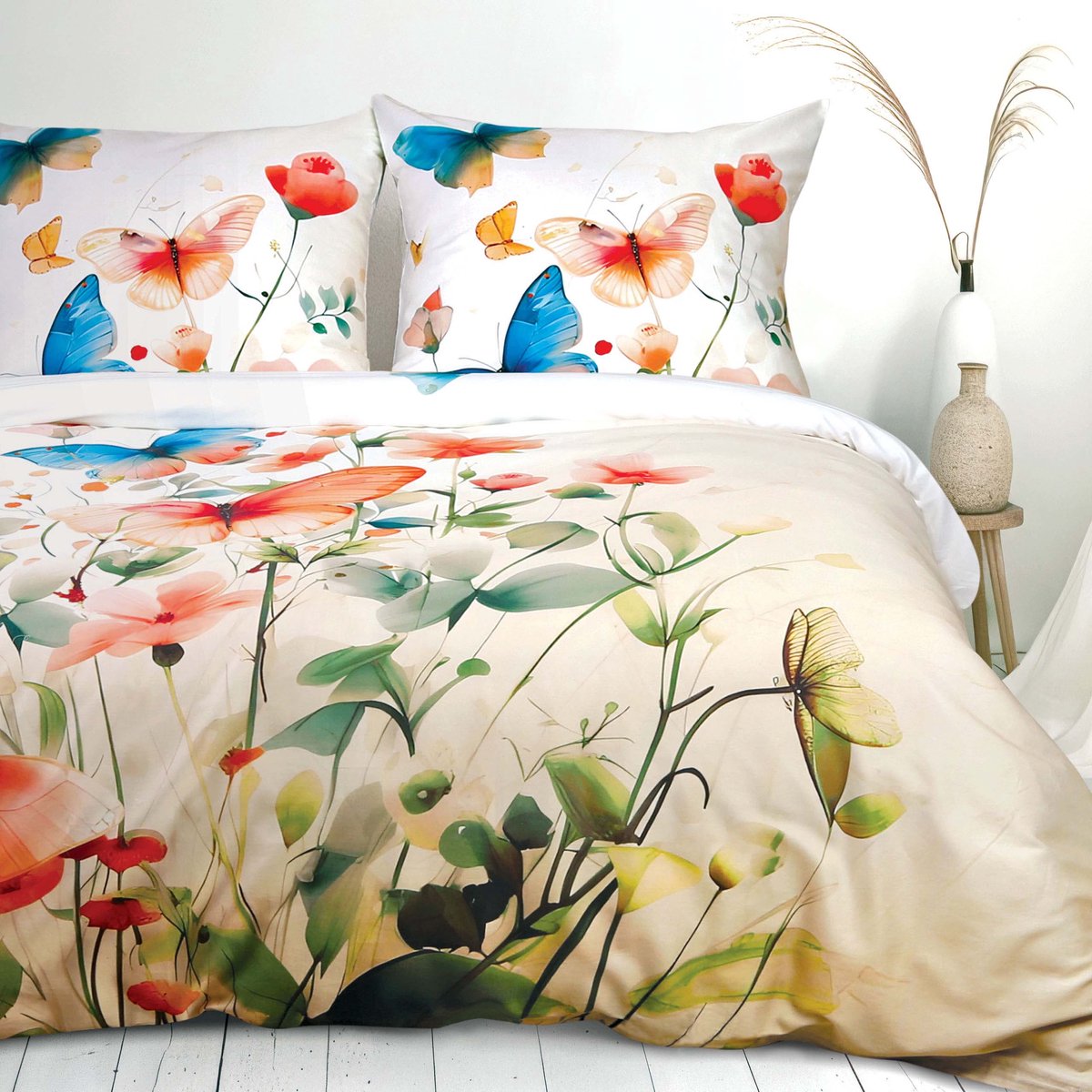 Darymex Satynlove Premium - Dekbedovertrekset - 100% Katoen Satijn - Pastel Bloemen & Vlinders - Met Ritssluiting