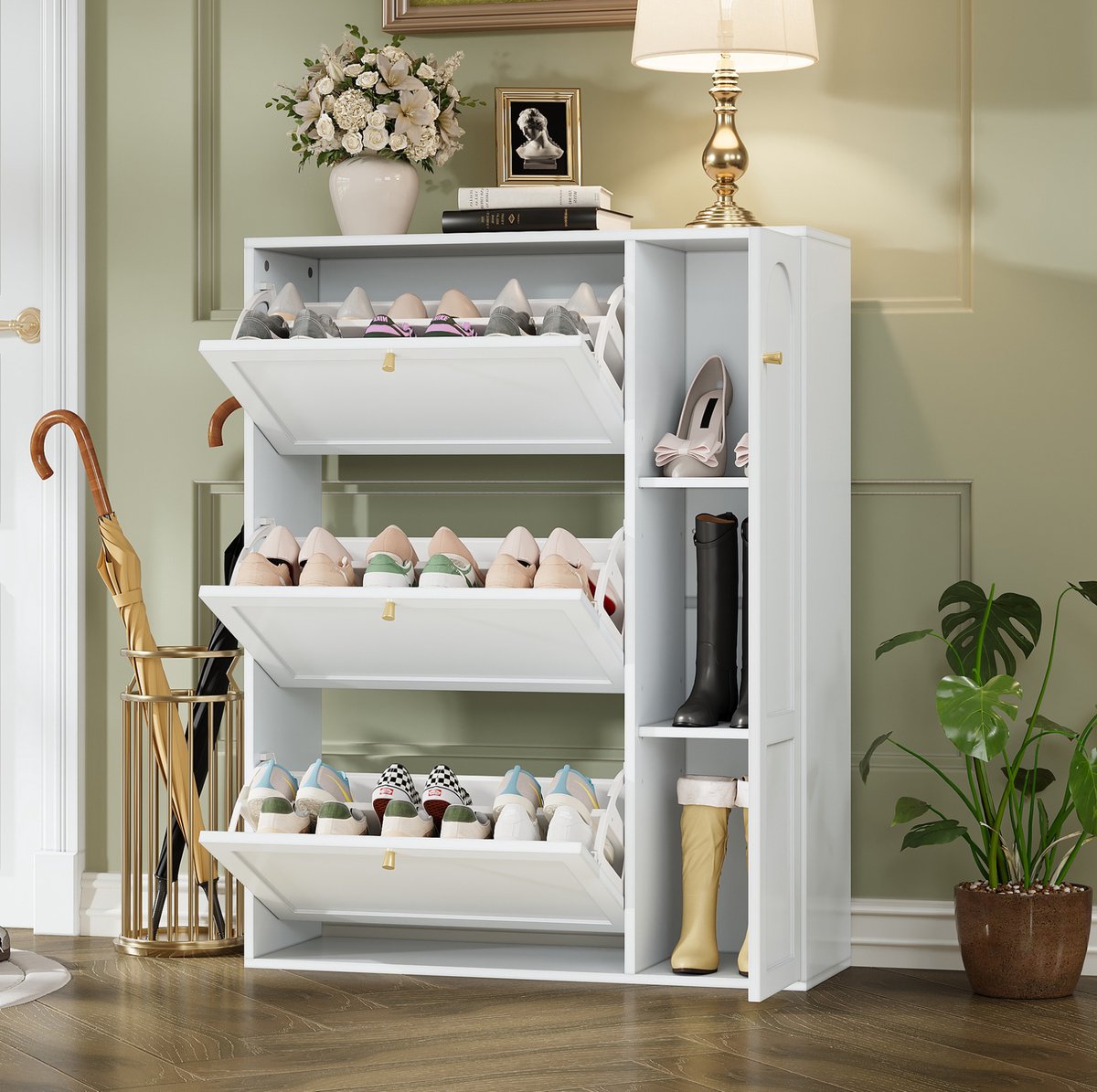 COVREO Schoenenkast 90x25x114 cm wit, MDF en spaanplaat met 3 kleppen