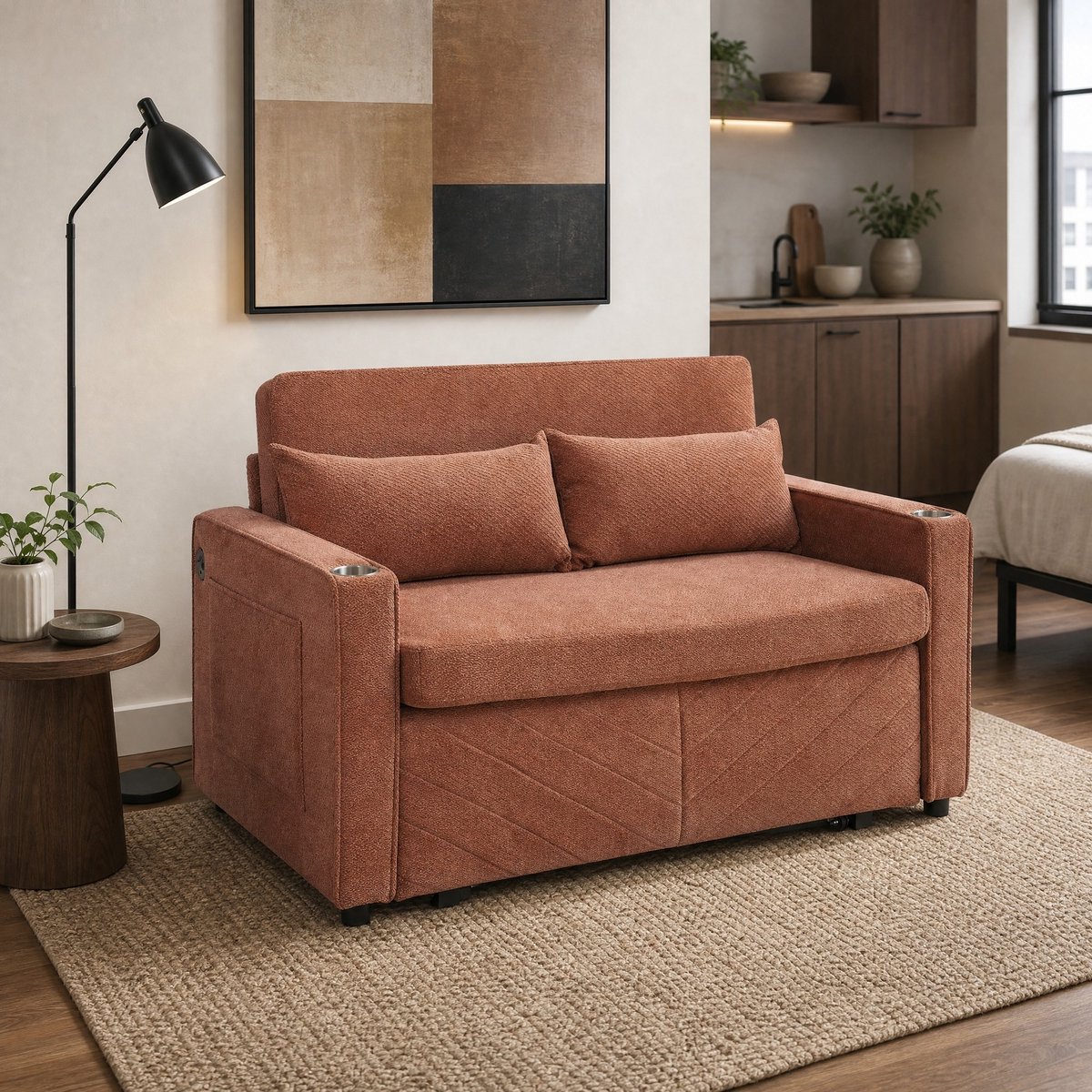 MODENUIT Slaapbank 134 x 195 cm - Uitschuifbaar met USB - Voor Woonkamer en Logeerkamer - Hout - Oranje