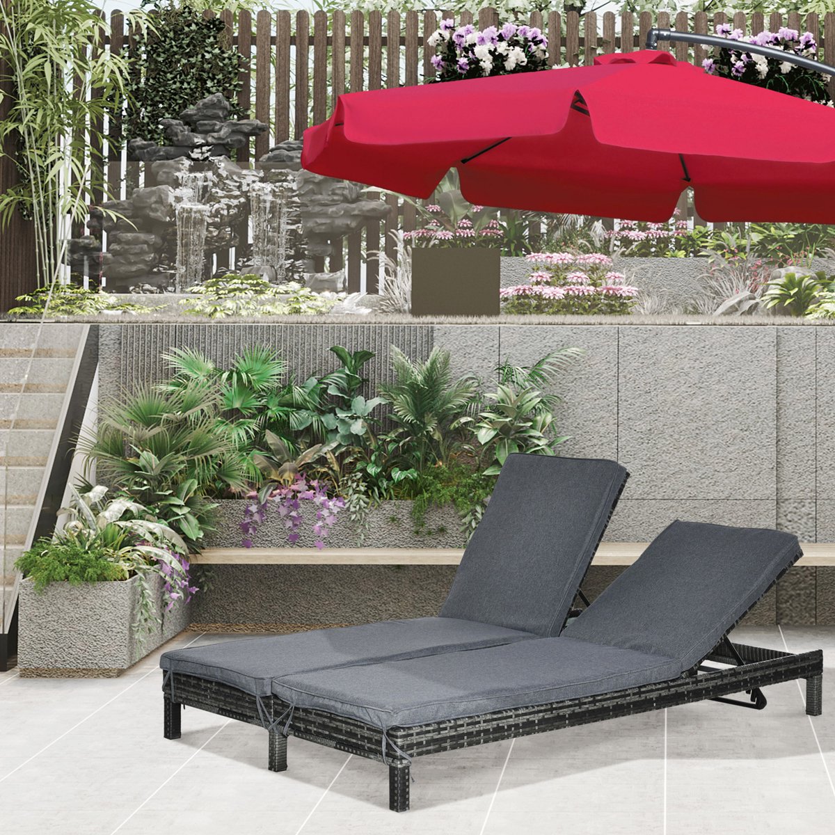 MODENUIT Ligbed 196 x 120 cm - Verstelbare Rugleuningen met 5 Standen - Voor Tuin en Terras - Rotan Grijs