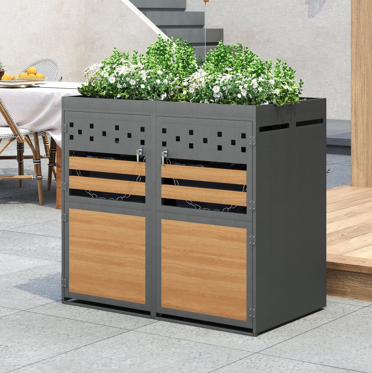 COVREO Containerberging 132x80x125 cm grijs, metaal voor 2 containers