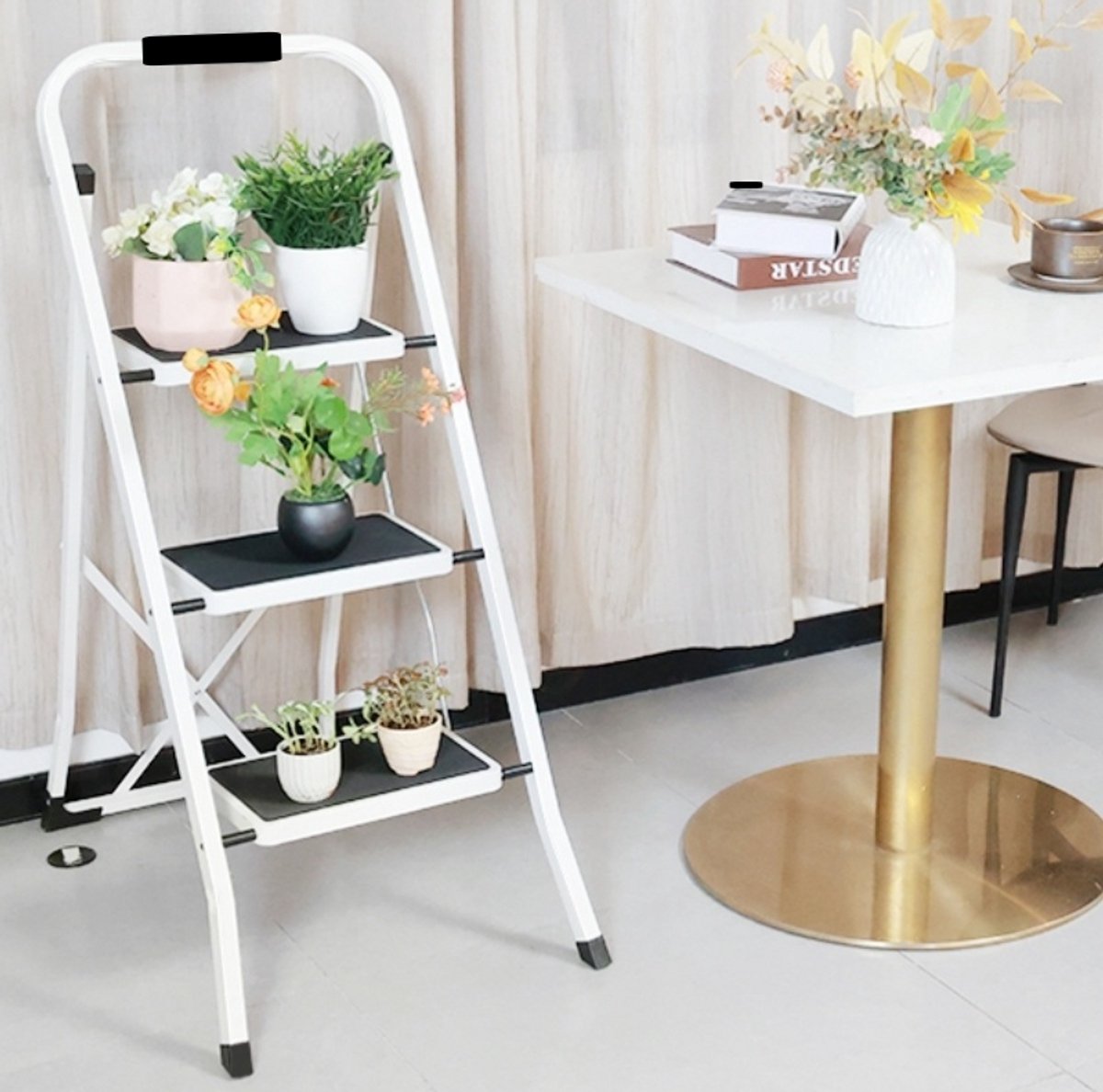 Modenuit Huishoudtrap – 3 Treden – Opvouwbaar – Staal en ABS – Zwart Wit – Met Handgreep en Anti-Slip Treden