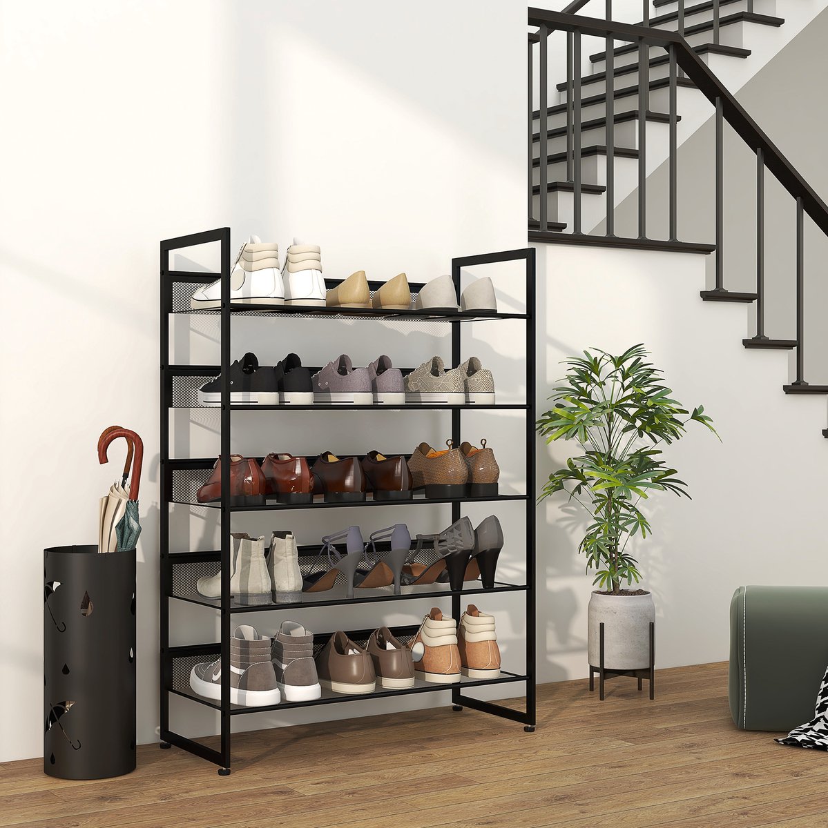 Schoenenrek – 72 x 30 x 102 cm – 5 Niveaus – Metaal – Zwart – Voor Maximaal 15 Paar Schoenen