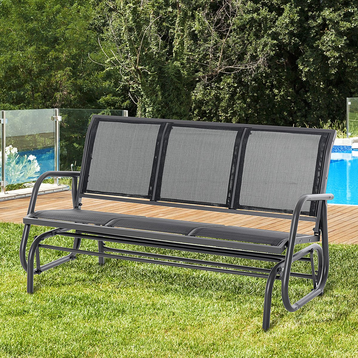 MODENUIT Schommelbank – 3-Zits Schommelfunctie – 147 x 75 x 85 cm – Metaal – Zwart – Tuin En Terras
