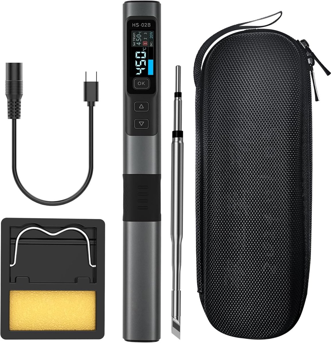 SnelShoppen - HS-02B Soldeerboutset, USB C, 100 W, snelle opwarming 180-842 °C, soldeerbout voor reparaties, geïntegreerde soldeerpunt, instelbare tem